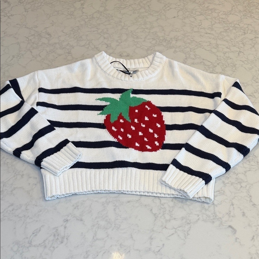 Freshman 1996 Womens Strawberry Striped Cropped Sweater White Navy Blue Size M